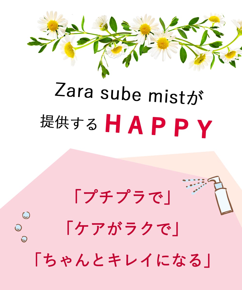 Zara sube mistが提供するHAPPY「プチプラで」「ケアがラクで」「ちゃんとキレイになる」